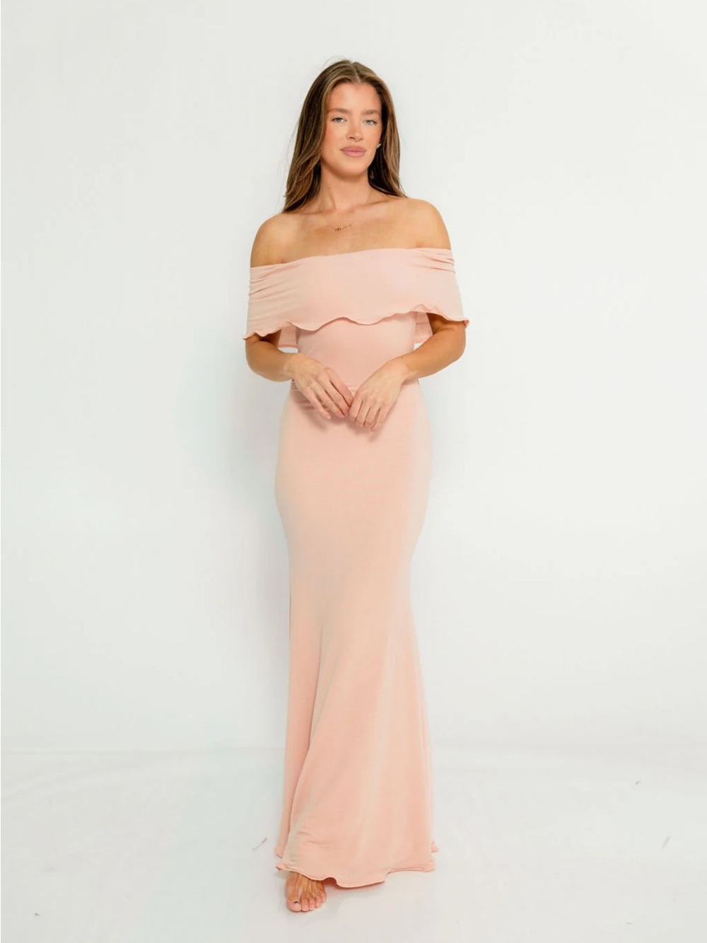 One-Shoulder Blush Pink Maxi Dress with Ruffle Detail